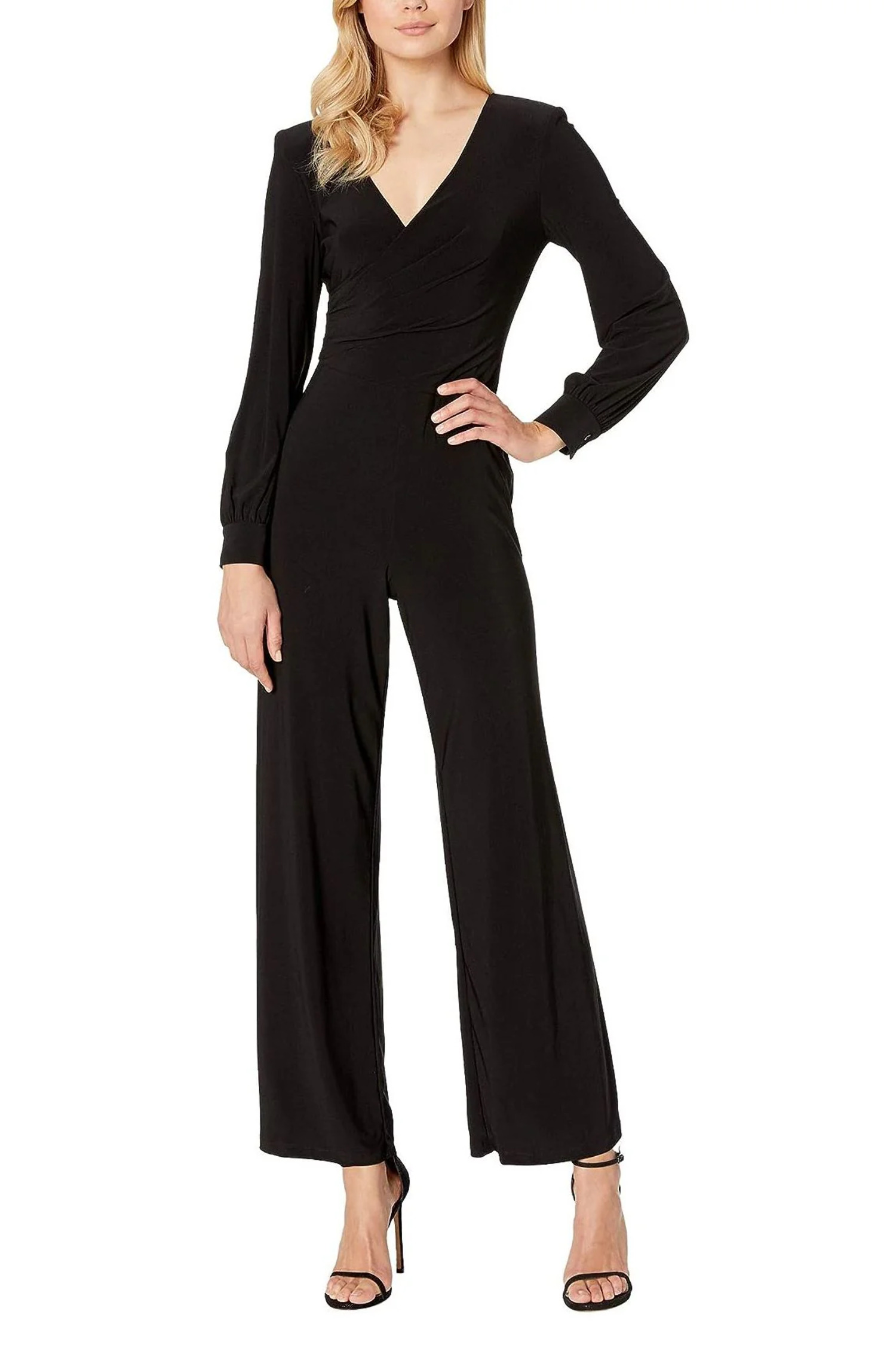 Adrianna Papell V-Neck Ruched Long Sleeve Zipper Back Solid Jersey Jumpsuit by Curated Brands